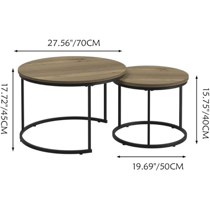 Nesting Coffee Table Set of 2, 27.56'' Round Coffee Table Wood Marble Pattern Top with Sturdy Metal Frame, End Table Side Tables for Living Room Bedroom (Brown)