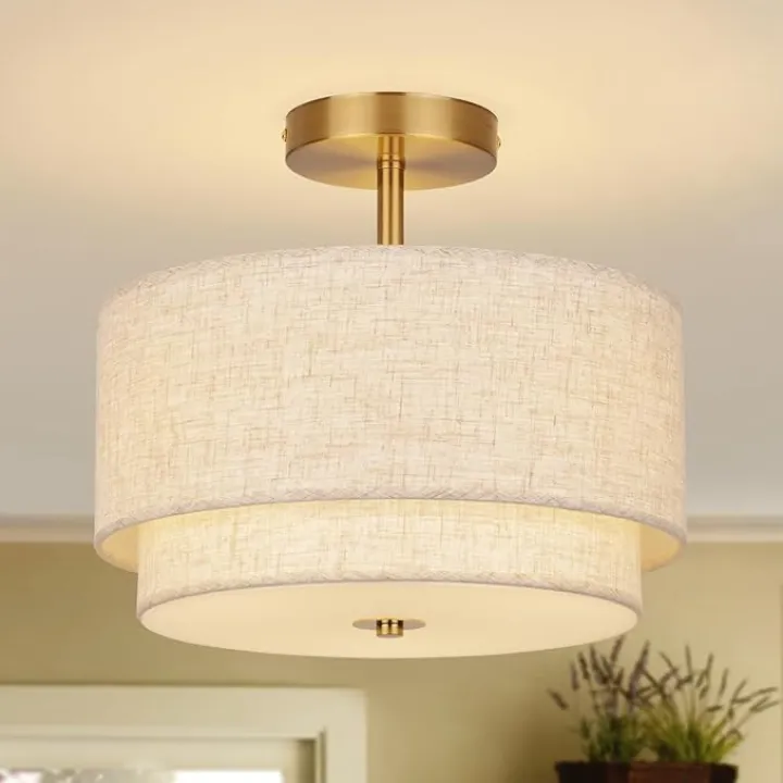 Semi Flush Mount Ceiling Light Fixture,12.6'' Gold Light Fixtures Ceiling Mount, Modern Close to Ceiling Light with 2-Layer Linen Shade,Farmhouse Drum Ceiling Light for Bedroom Hallway Living Room