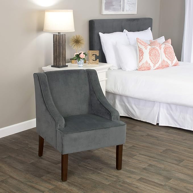 Mid Century Modern Accent Chair Wingback Living Room Chair Comfy Upholstered Scooped Armchair Fabric Side Chair with Wood Legs for Small Space, Bedroom, Apartment, Office, Waiting Room (Dark Gray)