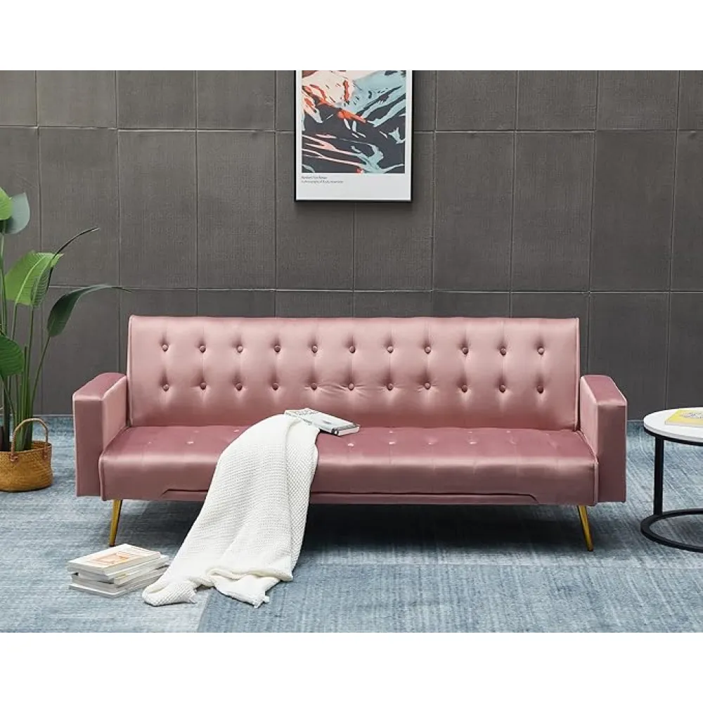 Kingway Inc Velvet Modern Button Tufted Sofa Couch for Small Spaces Living Room Apartment,Rose