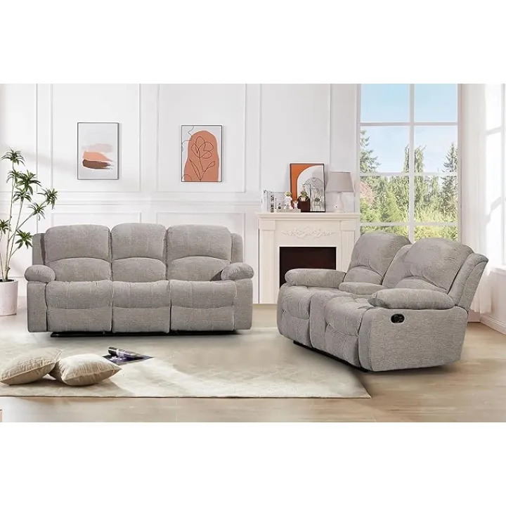 Betsy Furniture Soft Microfiber Reclining Sofa Set, Drop Down Table, Cupholder Console, Living Room Set, Sofa Loveseat Glider Chair 8018M (Light Grey, Sofa+Loveseat)