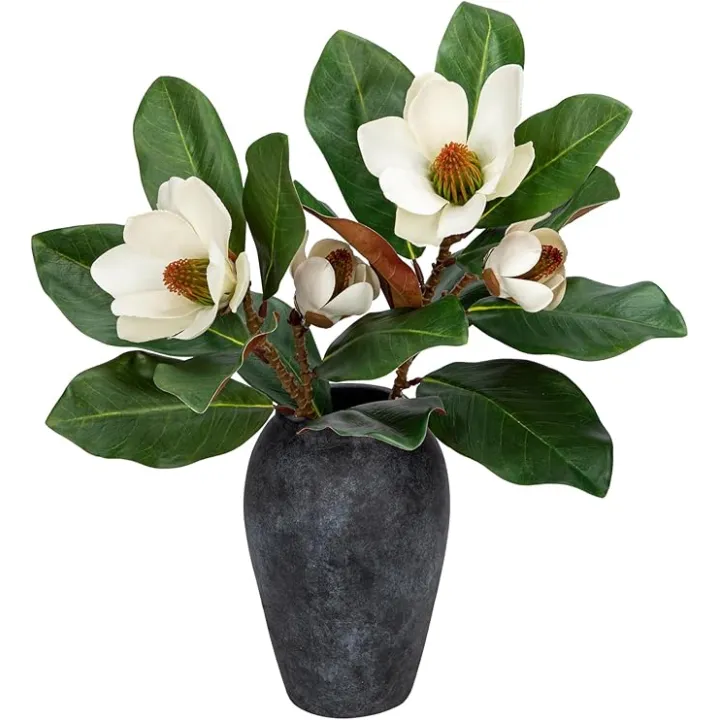 Briful Artificial Magnolia Floral Stems 2PCS 19.7'' Tall Faux Magnolia Silk Flowers Bouquet Fake Greenery Branches for Home Wedding Arrangements Table Vase Centerpieces Rustic Decor