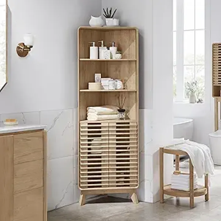 RedLemon Slatted Door Corner Cabinet, 68" Tall Mid-Century Bathroom Cabinet w/Semi-Open Cubby, Adjustable Shelves, Curved Edges, Stable Support Legs, Space-Saving Organizer for Bathroom, Natural Oak
