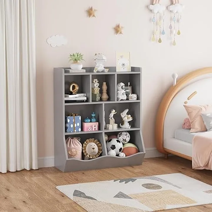 TrailBlaze Toy Storage Cabinet, Three-Tier Kids Bookshelf and Bookcase for Storage Books and Toys Multi Shelf with Cubby Organizer for Bedroom Living Room Playroom, Grey