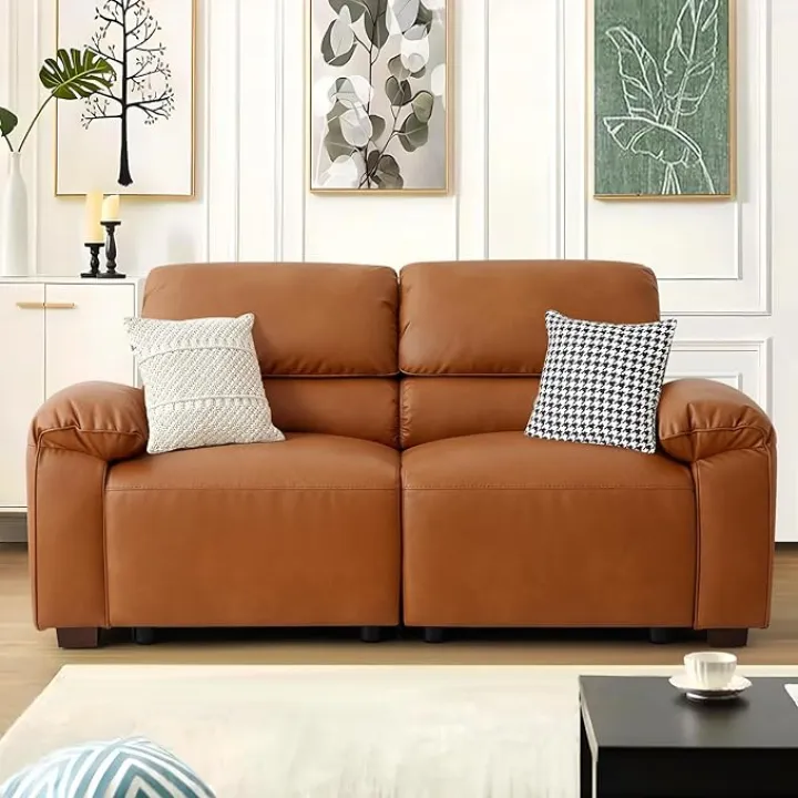 Harkawon Modular Sofa Couch with Pillow Armrest, Loveseat Leather Sofa Couch Deep Seat, High Armrest, Leather Sofas, Couches for Apartment, Dorm, Office (Orange, 2-Seater)