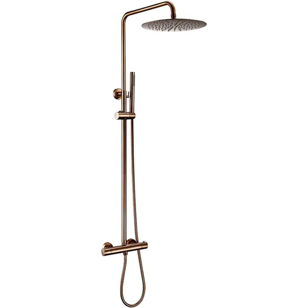 Thermostaic Shower Faucet Set Rose Gold, 8 inch Rainfall Shower Head with Handheld Shower, Brass Exposed Mixer Faucet Set, Wall Mounted Shower System