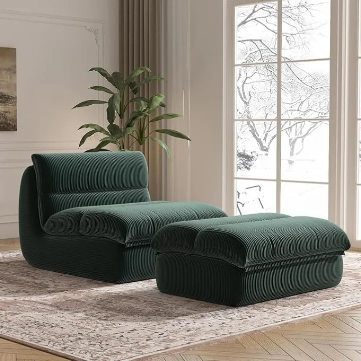 Bean Bag Chair with Ottoman, Cozy Comfy Reading Nook Chairs, Ultra Soft Corduroy Fabric Bean Bag Chairs for Adults, Reading Chair with Ottoman for Living Room, Bedroom Apartment (Green)