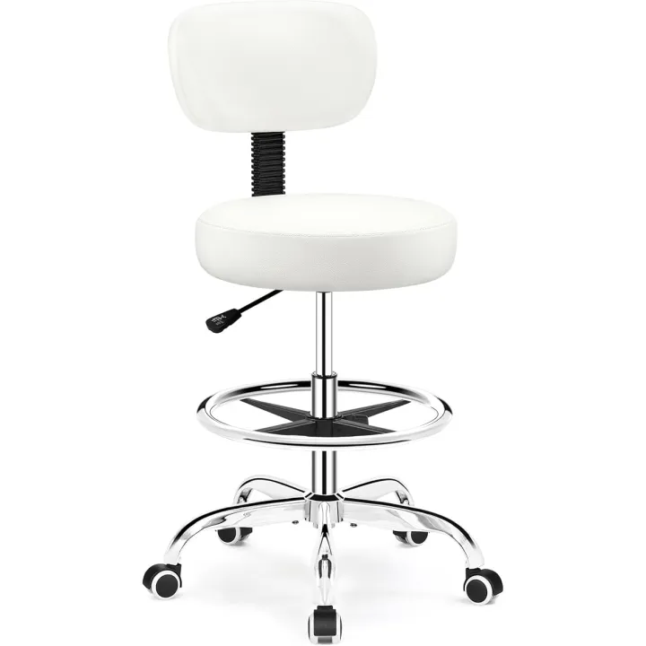 Drafting Chair with Backrest – Adjustable Foot Rest Rolling Stool with Wheels, PU Leather Swivel Stool for Office Spa Studio Lab Counter Salon Home Work Bar Kitchen Shop(White)