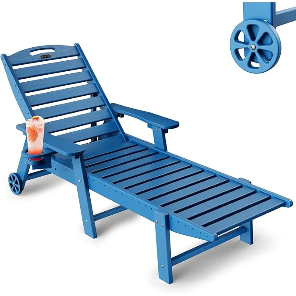 Lounge Chair Outdoor, Patio Chaise Lounge, HDPE 6-Position Outdoor Chaise Lounge, Patio Lounge Chair with Wheels & Cup Holder for Pool Poolside Deck Backyard, Navy Blue