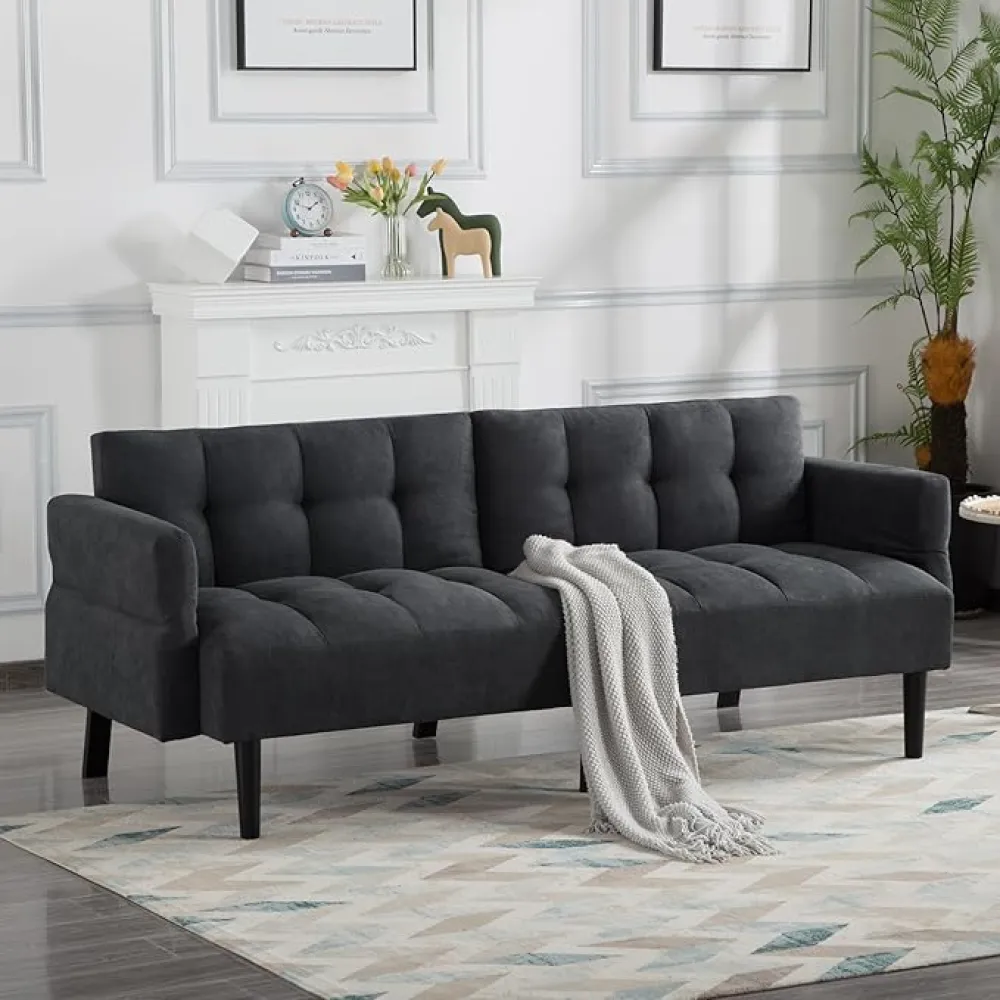ERYE Adjustable Armrests Tufted Futon Sofa Bed Modern Living Room Loveseat Couch Convertible Sleeper Sofabed, 3 in1 Functional Love Seat Daybed with Split Backrest for Home/Office/Apartment/Studio