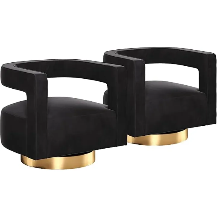 BELLEZE Swivel Barrel Accent Chair Set of 2, Modern Upholstered Arm Comfy Velvet Curved Back Round Chair with Gold Base Wood Frame, 360 Degree for Living Room Bedroom Office,Ivory