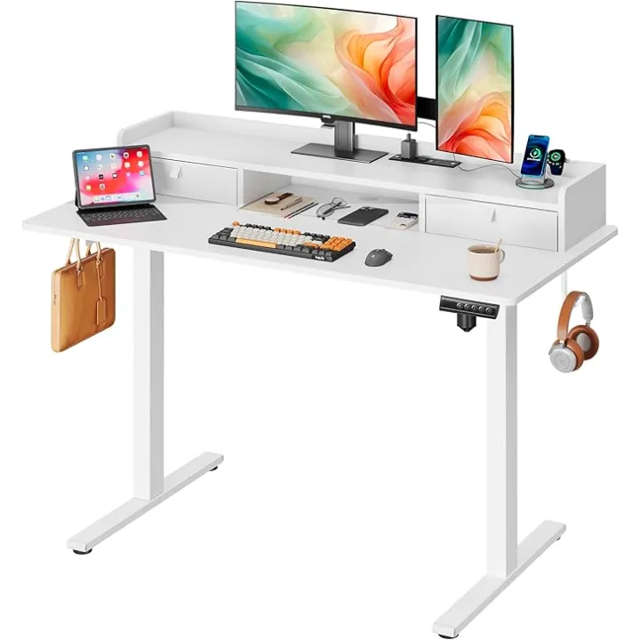 DEVAISE Electric Standing Desk with 2 Drawers, 48×24 Inch Height Adjustable Widened Stand Up Desk with Storage Shelf, Sit to Stand Desk for Home Office, White