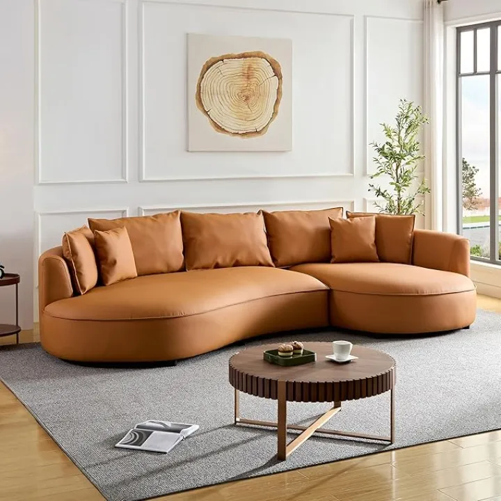 124.80'' Boucle Curved Sofa Modern Cloud Couch for Living Room Luxury 3-Seat Sectional Sofa Couch for Home Apartment Office with Right Facing Chaise (Leather, Orange)