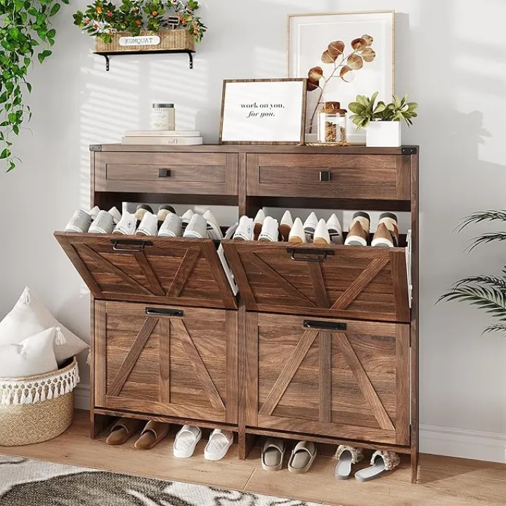 Shoe Cabinet with 4 Flip Drawers & 2 Drawers,Farmhouse Shoe Storage Cabinet for Entryway,Slim Freestanding Organizer Rack for Front Door Entrance,Dark Walnut