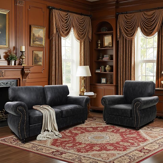 Rivet Couch,Living Room Sets,Mid-Century Couch, Solid Wooden Frame for Living Room,Upholstered Sofa (Grey, Single+Loveseat)