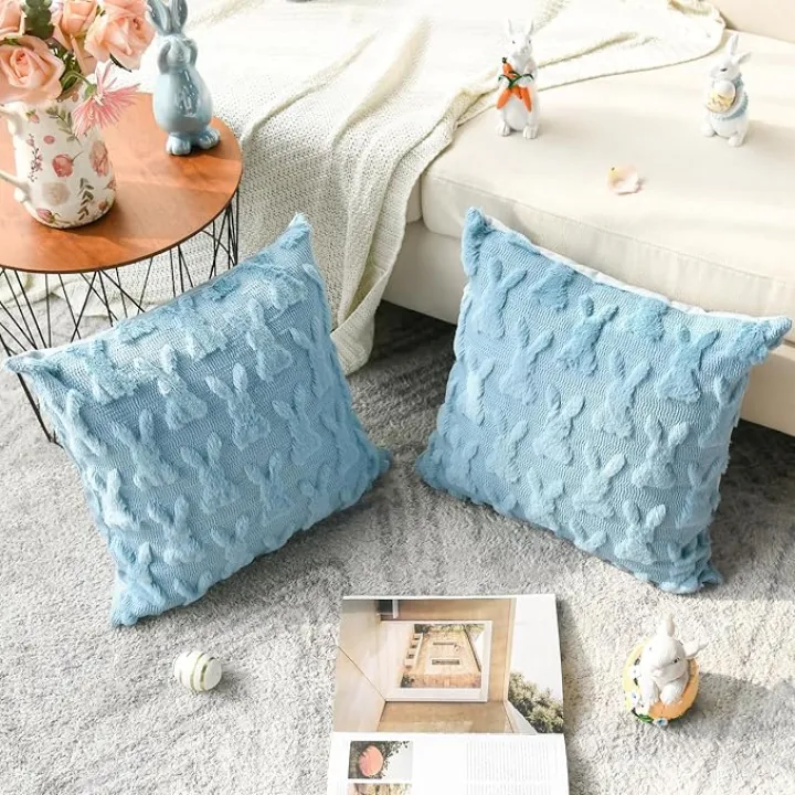 AVOIN colorlife Easter Rabbits Blue Throw Pillow Cover, 18 x 18 Inch Bunny Soft Plush Faux Fur Jacquard Cushion Case Decoration for Sofa Couch Set of 2