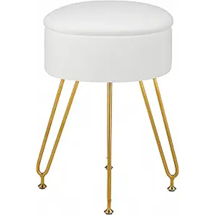 VECELO Vanity Stool with Storage, Velvet Chair for Vanity, Strong Metal Legs, Anti-Slip Feet, Padded Seat for Make Up, Bedroom, Living Room, Entryway, White