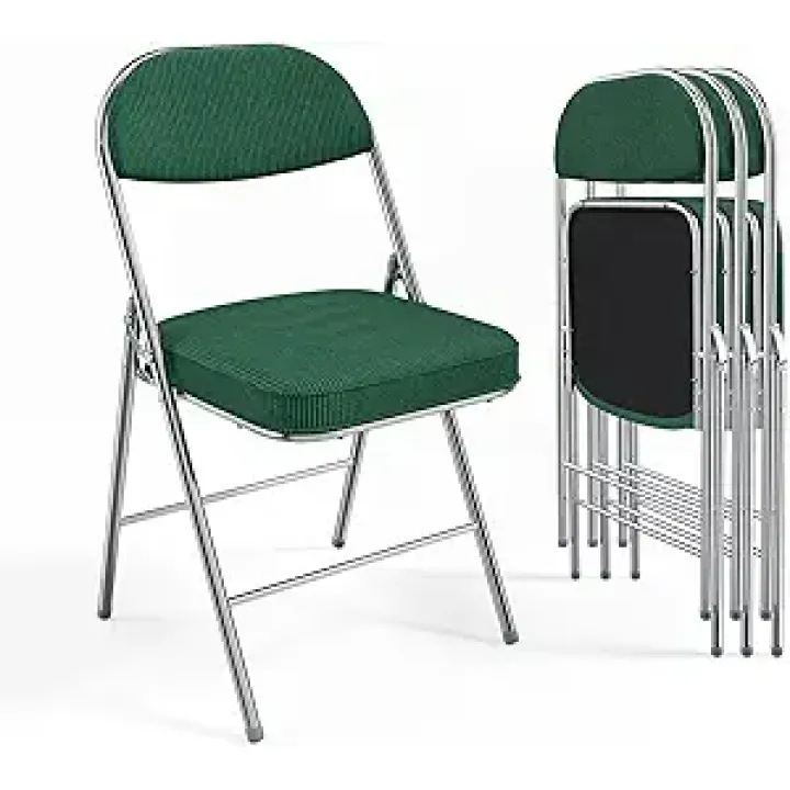 VINGLI Folding Chairs with Padded Seat & Backrest, Metal Frame, Durable Corduroy Fabric, 350 lbs Capacity, Set of 4, Olive Green – Ideal for Weddings, Parties, Office Events