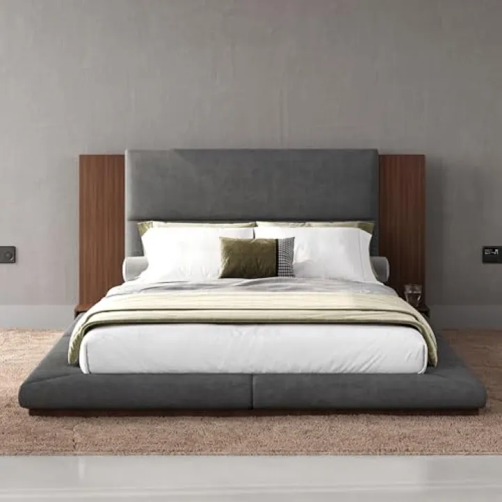 SOFTSEA Floor Bed Queen Size Upholstered Platform Bed, Velvet Platform Bed with Extended Wood Headboard & Bedside Shelf, Floor Bed Frame Queen Wood Bed Frame for Bedroom, Gray