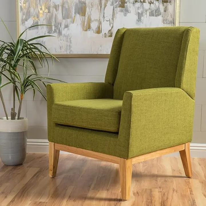 Mid-Century Modern Accent Chair, Green Fabric, Comfortable Padded Seat, Ideal for Living Room or Office
