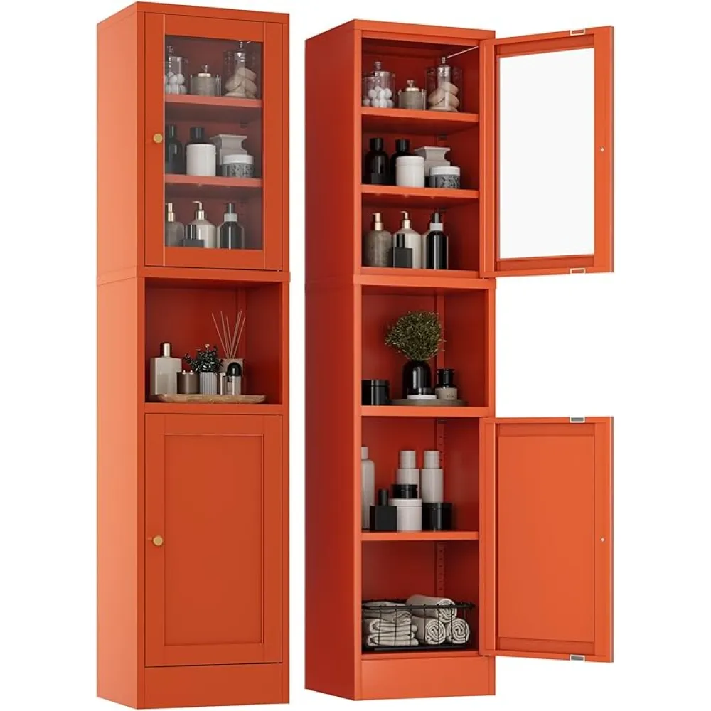 Orange Bathroom Cabinet with Glass Door,Narrow Metal Cabinet with 3 Adjustable Shelves,Sideboard for Small Spaces,  Dining Room,Living Room