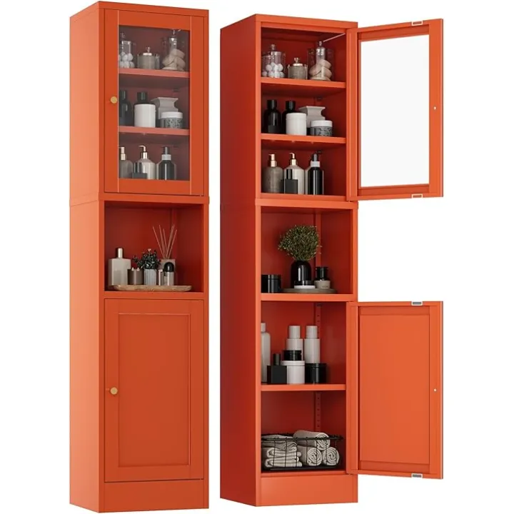 Orange Bathroom Cabinet with Glass Door,Narrow Metal Cabinet with 3 Adjustable Shelves,Sideboard for Small Spaces,  Dining Room,Living Room