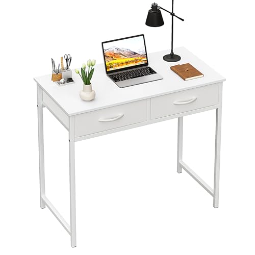 WOHOMO Piccola scrivania per computer con cassetti, scrivania bianca da 80 cm con contenitore, scrivanie per computer per casa e ufficio per piccoli spazi, tavolo da studio moderno, bianco