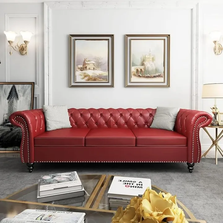 Chesterfield 3 Seater Sofa, Modern Leather Tufted Couch 3 Seater with Rolled Arms and Nailhead Mid-Century Upholstered Couch for Living Room, Bedroom, Apartment and Office, Claret