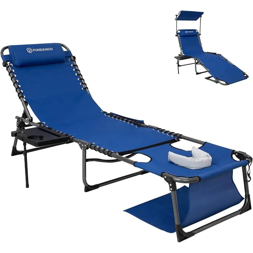 FUNDANGO 4 in 1 Tanning Chair with Face Hole, Beach Lounge Chair w/Canopy Shade & Side Table Chaise Lounge Chairs for Patio, Pool, Lawn, Sunbathing, 5-Position Adjustable Sun Lounger, Blue