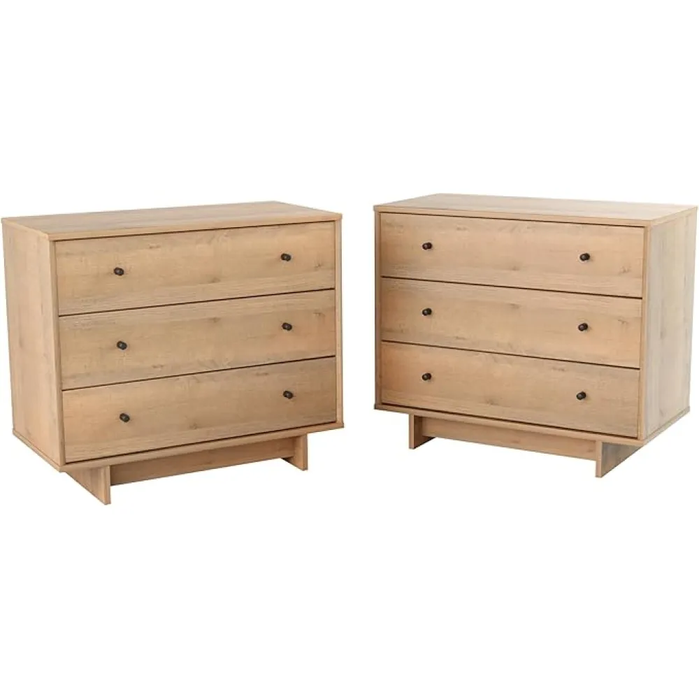Prepac Finnley 3-Drawer Nightstand in Natural Oak, Extra-Wide Bedside Tables with Storage, Set of 2, Modern End Tables for Home & Bedroom, 16" D x 31" W x 26.75" H