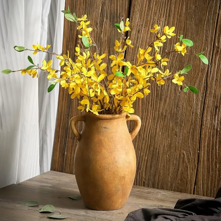 Ceramic Rustic Vase with 2 Handles, 9.05 inch Farmhouse Flower Vase, Pottery Flower Vase for Home Decor, Living Room Shelf Decor, Enterway, Table