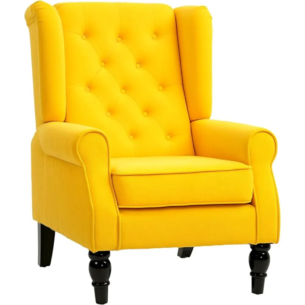 HOMCOM Mid-Century Modern Accent Chair, High Wingback Chair, Button-Tufted Upholstered Fabric Armchair with Retro Wood Legs for Living Room, Bedroom, Yellow