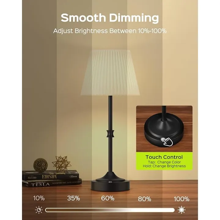 JACKYLED Cordless LED Table Lamp, 3 Color Lights with Dimmer, 5400mAh Battery Operated Rechargeable, Wireless Lamp Portable for Bedroom Living Room Kitchen Counter (2 Pack-Antique Black)