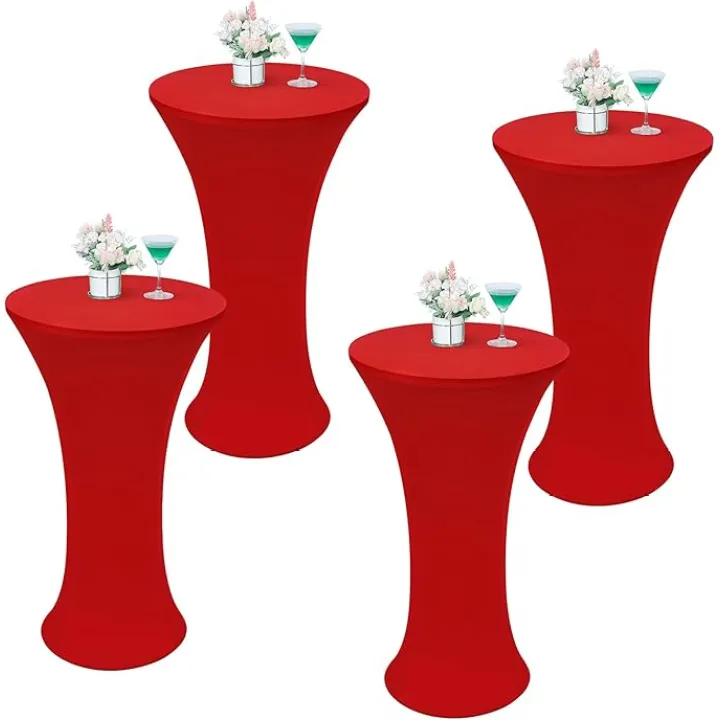 Wolkemer 4PCS 24x43 Inch Red Round Cocktail Tablecloth Fitted Highboy Stretch Cocktail Table Cover for Banquet Bar Party Pub Wedding Indoor Outdoor
