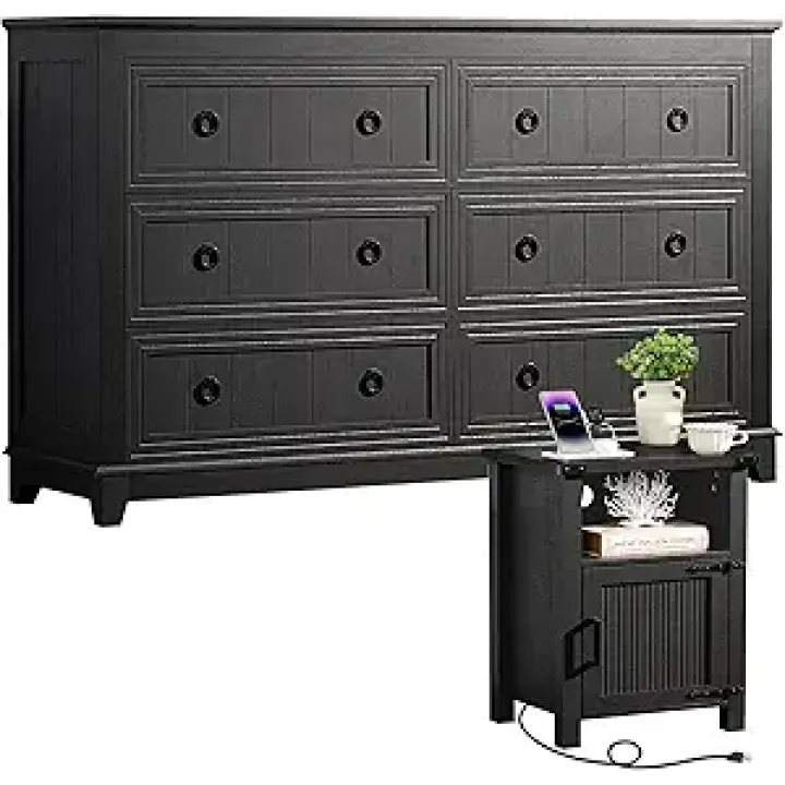 Farmhouse Dresser and Nightstand Sets, Furniture 18" Night Stand with Charging Station and 6 Drawers Dresser for Bedroom, 54" Dressers and Nightstand Set for Bedroom, Living Room