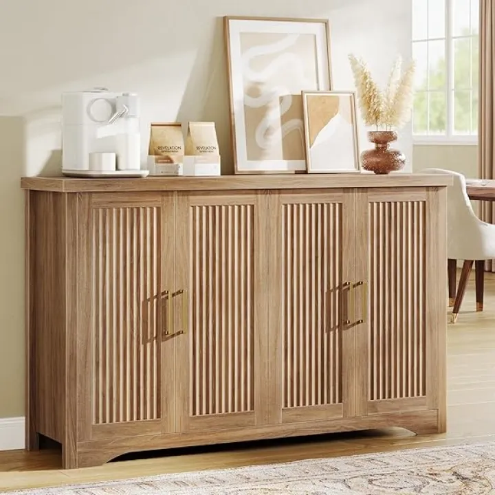 Fluted Buffet Cabinet with Storage Accent Sideboard,Modern Credenza with 4 Doors & Adjustable Shelves,Wood Coffee Bar Table Console for Dining Room Kitchen Living Room Entryway,Natural Oak