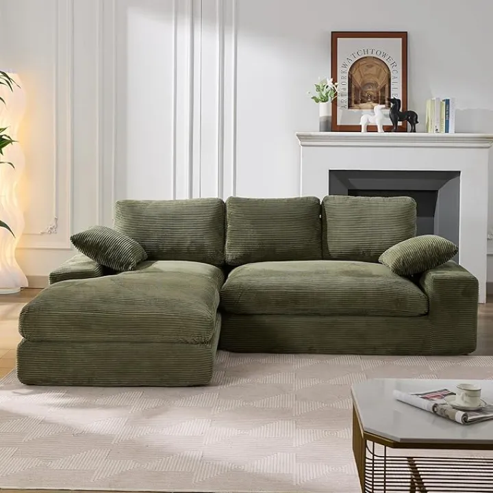 GNIXUU Corduroy Cloud Sectional Couches for Living Room, 98.4" Fluffy Large L Shaped Sofa with Deep Seat & Comfy Chaise, Upholstered Modular Green 3 Seat Couch Sleeper for Apartment, Studio, Office