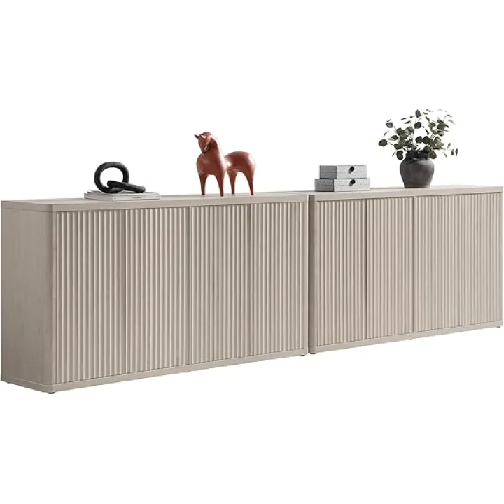 SICOTAS Buffet Cabinet with Storage Accent Sideboard with 8 Doors 132.6" Fluted Credenza Modern Buffet Table Media Console Cabinet Entryway Cabinets for Living Room Kitchen Dining Room Hallway