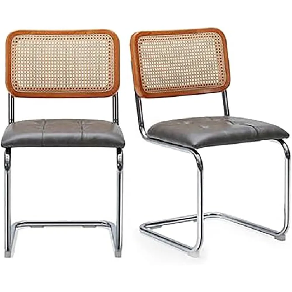 Kitchen Chairs Anti-Skid Meal Chairs Rattan Mid-Century Modern Dining Chairs Set of 2 Armless Mesh Back Cane Chairs Pu Leather Upholstered Side Chair with Metal Legs Vanity Chair/Brown/One Si (Gr