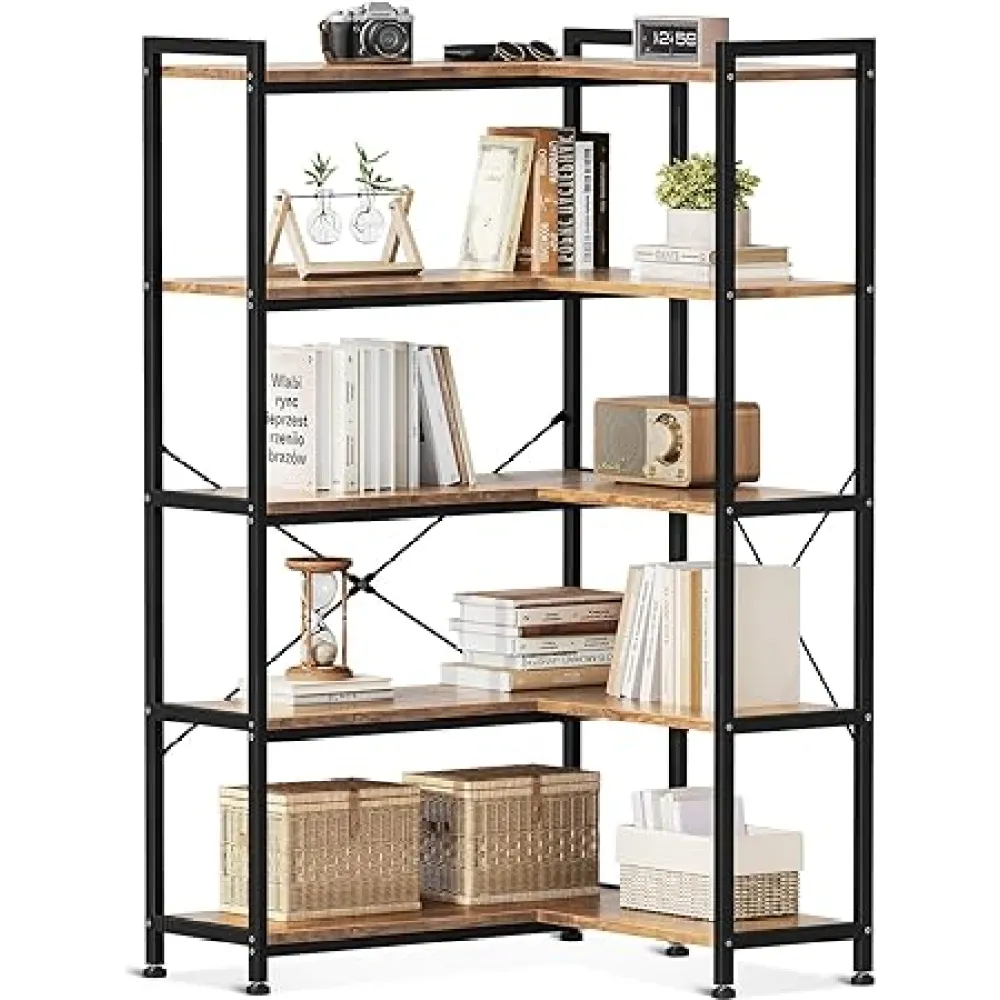 Casaottima Corner Bookshelf 5 Tier, 57 Inches Reversible Book Shelf for Living Room, Industrial Wooden Bookcase with Open Shelves and Metal Frame for Bedroom, Home Office, Kitchen, Rustic Brown