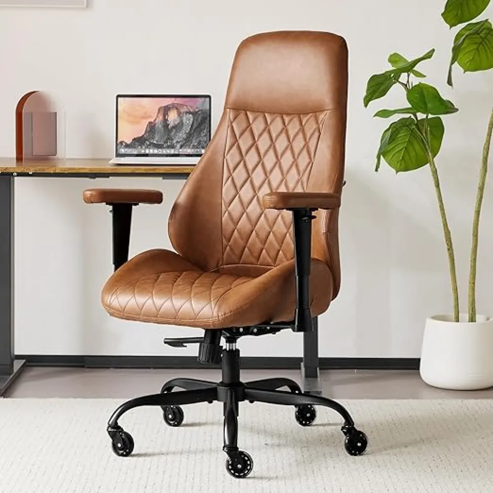 Home Office Desk Chair High Back Office Rubber Casters Ergonomic Computer Chair with Lumbar Support Adjustable Height Rolling Swivel Chair Executive Task Armrests， Brown Leather