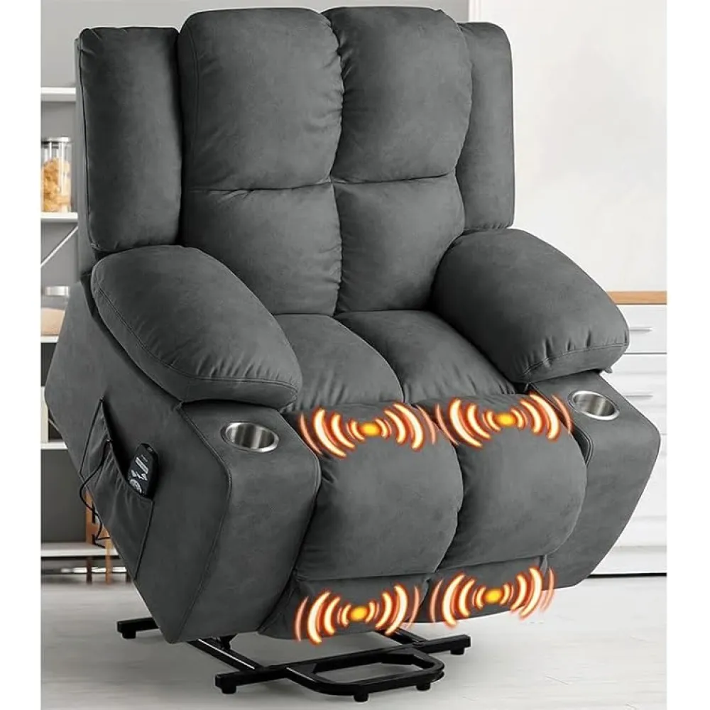 Oversized Power Lift Recliner Chair for Adults, Fabric Electric Recliner Classic Single Sofa with 8 Point Massage and Heat, Cup Holder, USB Ports, Lumbar Pillow