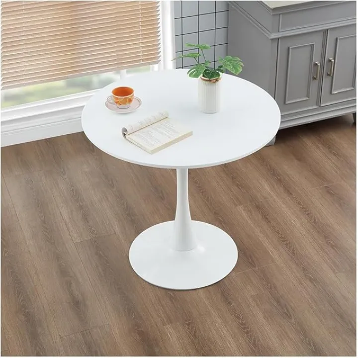 23.4" Tulip Dining Table, White, Perfect for 4-6 People, Mid-Century Modern Style, Round, Pedestal Base, MDF Top, Sturdy Pedestal for Dining Room, Living Room, Cafe
