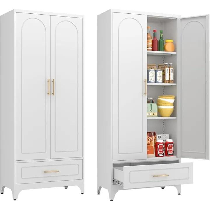 White Pantry Cabinet with Drawer, 75 Inch Tall Kitchen Cabinet, Metal Storage Cabinets with Doors and Shelves, Steel Food Pantries, Large Freestanding Cupboard for Dining Room-Assemble Required