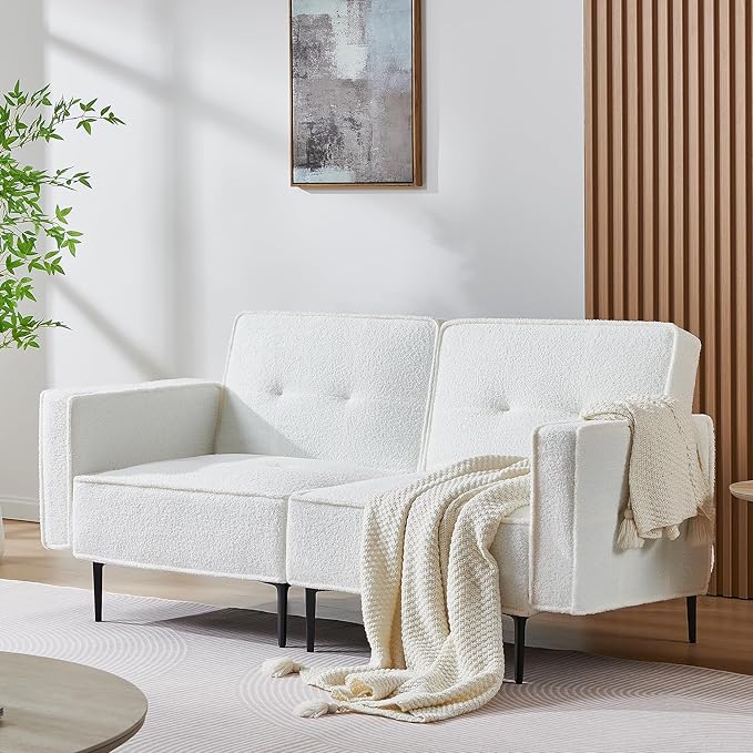 Small Loveseat for Living Room, 67" Sleeper Sofa Couch, Modern Futon with Adjustable Backrest, Comfy Two Seater Sofa for Bedroom Apartment Office, Teddy Fleece Fabric - White