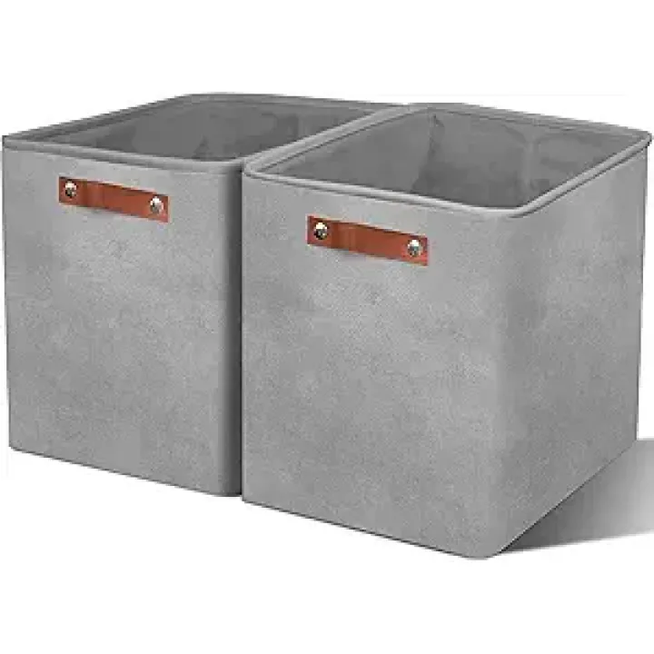 Large Open Fabric Storage Basket for Organizing, Collapsible Linen Closet Bins with Leather Handles for Shelves, Closets, Laundry, Decorative Basket for Gifts. (Gray, 2PCS/16.9*11.8*15inch)