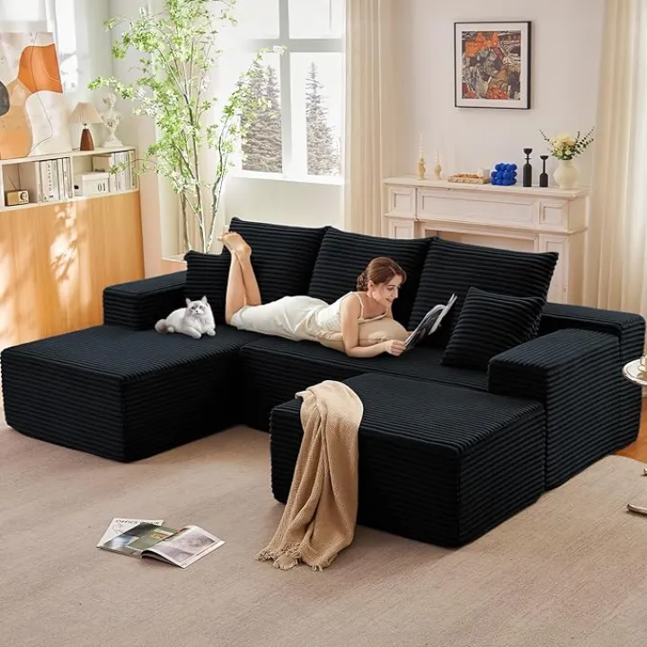 107" Modular Sectional Sofa with Ottoman, Modern Corduroy Cloud Couch with Deep Seat, Upholstered 4-Seater U-Shaped Sofa for Living Room, No Assembly Required (Black, Left-Facing Chaise)