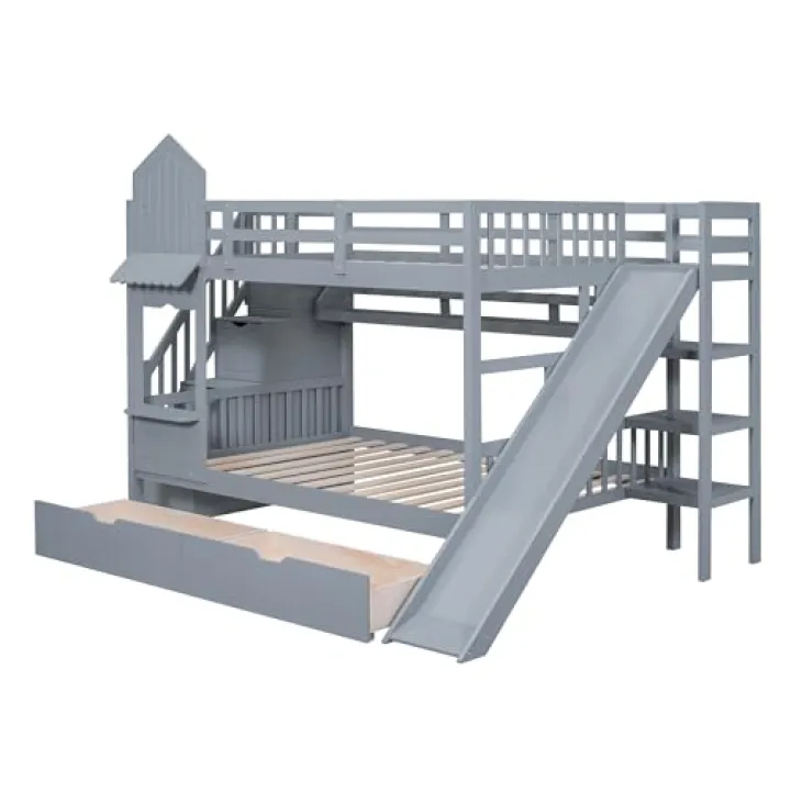 Merax Full Over Full Bunk Bed with 2 Drawers and 3 Shelves, Castle Style Solid Wood Bunk Bed Frame with Slide and Storage Staircase for Kids Teens Boys Girls, No Boxspring Required, Grey