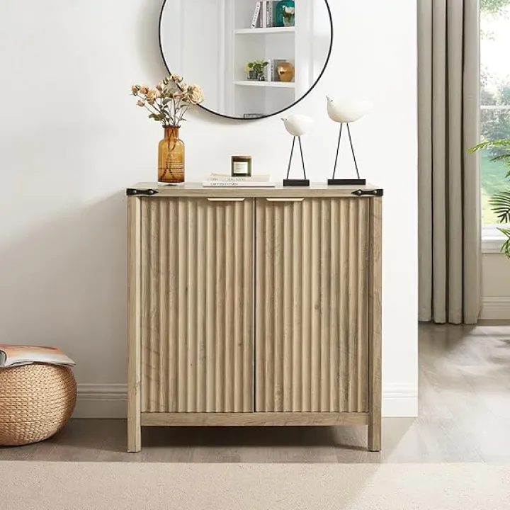 32-inch Fluted Sideboard Cabinet - Rustic Modern Farmhouse Storage Organizer with Adjustable Shelves, Coffee Bar, Entryway Furniture for Kitchen, Living Room (Grey)