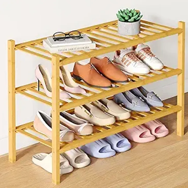 Smiry Bamboo Shoe Rack for Closet, 3 Tier Wooden Stackable Shoe Organizer, Free Standing Shoes Storage Shelf for Entryway, Front Door Entrance, Natural